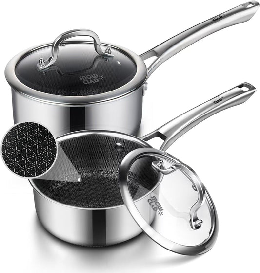 Sauce pan with lid,1.5 Quart & 2.5 Quart Hybrid Nonstick Sauce pans set, Stainless Steel cookware,non stick Pots PFOA Free,Works on Induction,Ceramic and Gas Cooktops