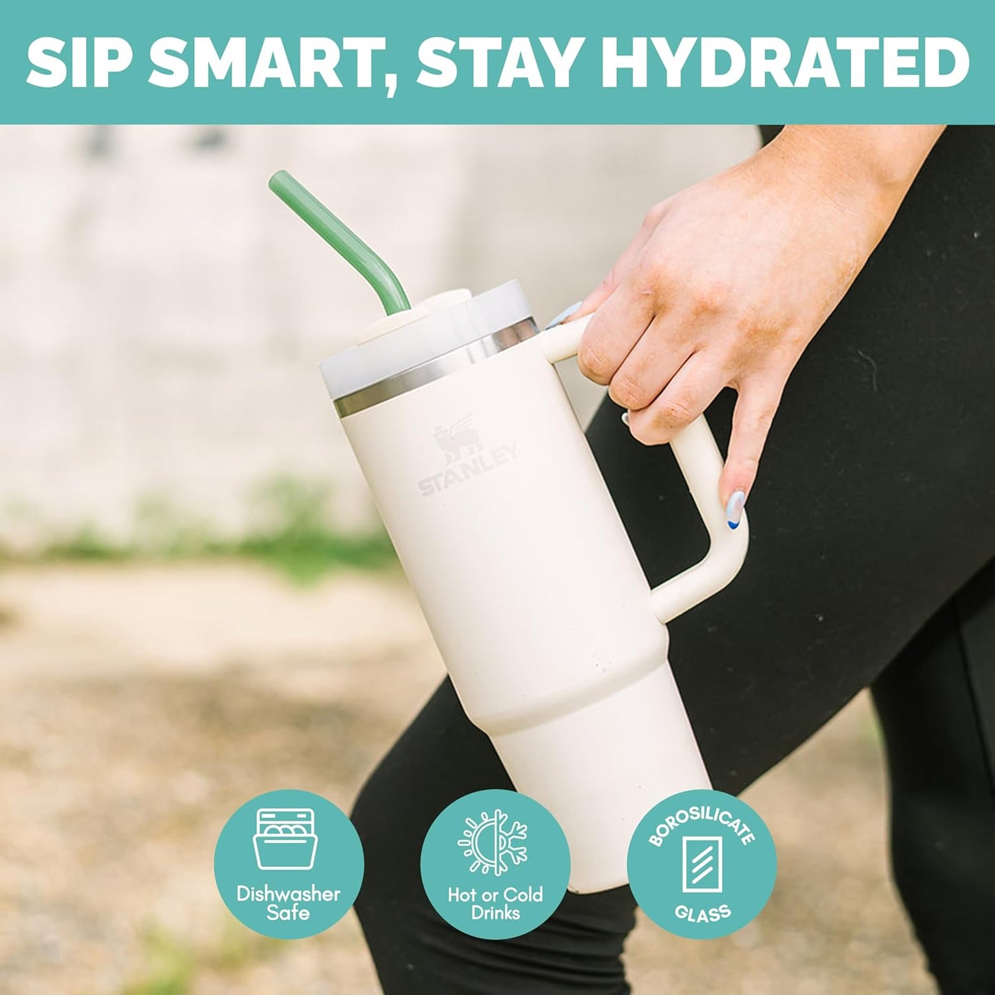 Simply Straws 12 Inch Glass Straws Straight (6-Pack) – Reusable Glass Straws for Stanley 40 Oz Tumbler, with Cleaning Brush – Durable, Dishwasher Safe, Hot & Cold Use, BPA-Free (Fjord Mist)