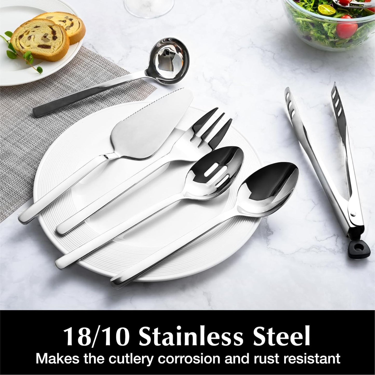 KINGSTONE Large Hostess Serving Utensils Set,18/10 Stainless Steel Heavy Duty 10inch Serving Spoons,Slotted Spoons,Serving Fork,Serving Tongs, Cake Pie Server For Buffet, Wedding, Party