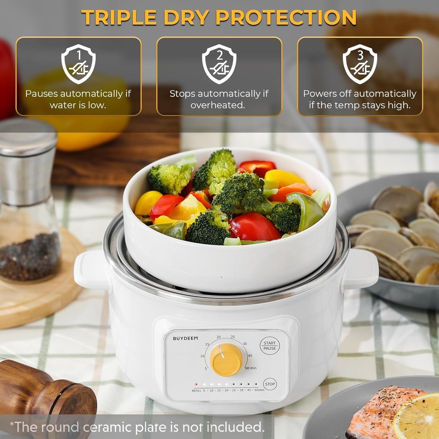 BUYDEEM G32 Electric Food Steamer 1.6QT, Stainless Steel Steamer for Vegetable Egg Seafood, 8 Time Settings, Triple Dry Protection, Quick Steam, Healthy Cooking for 1-2 Servings, Arctic White