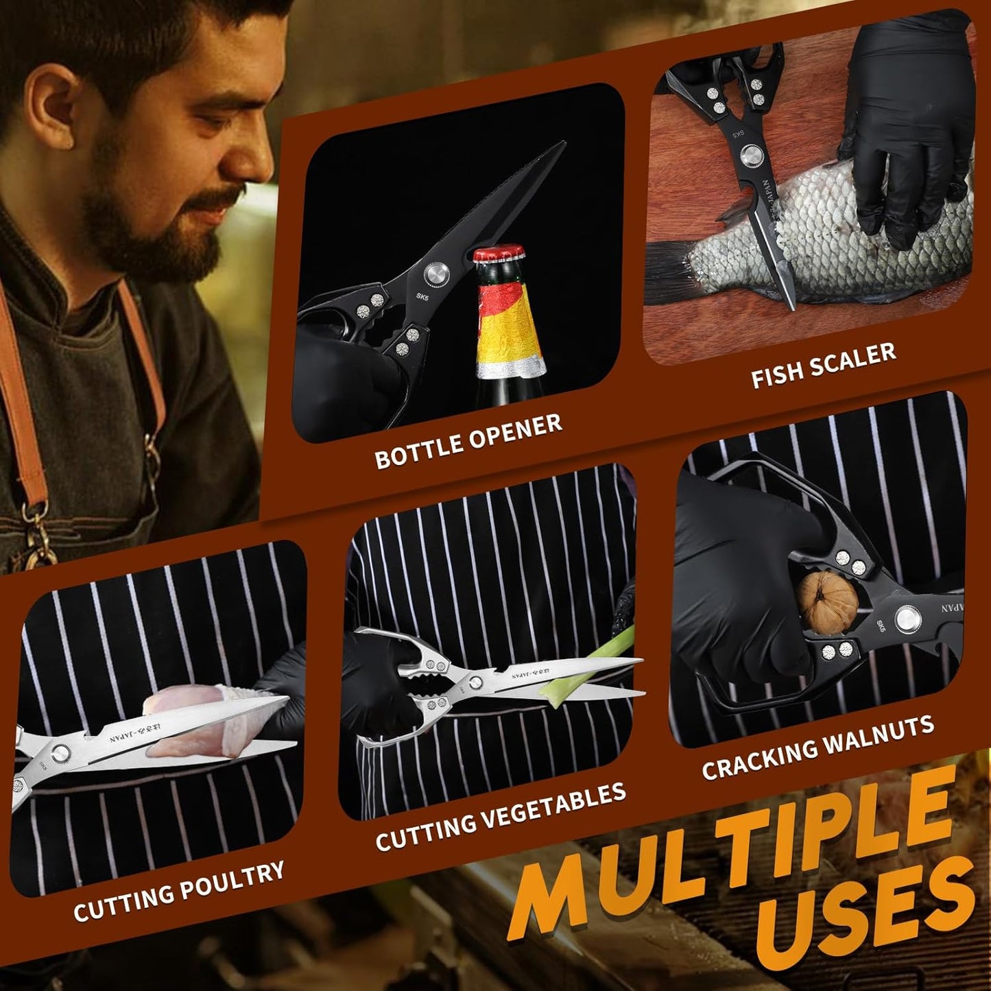 HUUSK Kitchen Scissors Set Upgraded - Stainless Steel Kitchen Shears, Sharp Meat Scissors, Heavy Duty Poultry Shear, Japanese Cooking Scissor for Food, Chicken Bones, and Turkey - Dishwasher Safe