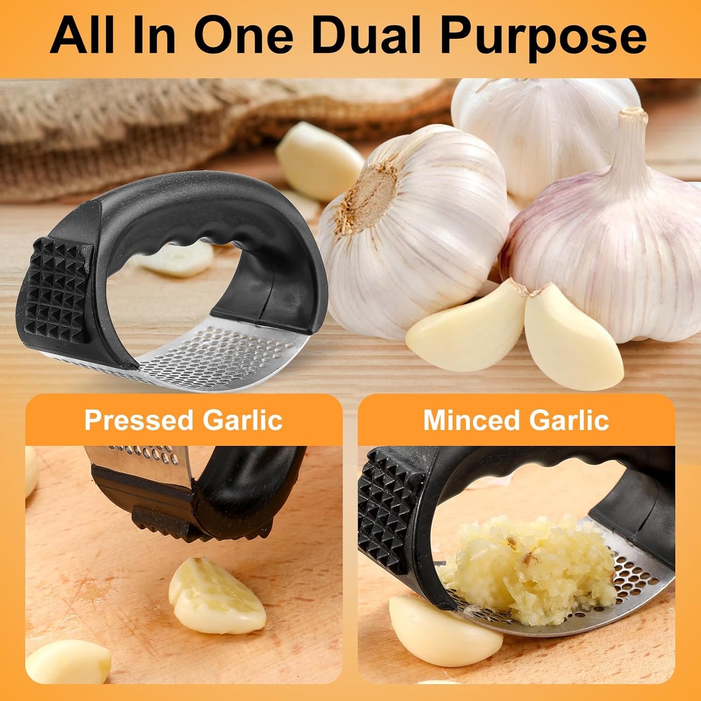 2Pcs Garlic Press Rocker, Stainless Steel GarlicMincer and Garlic Crusher, Easy-Squeeze GarlicTool (black+black)