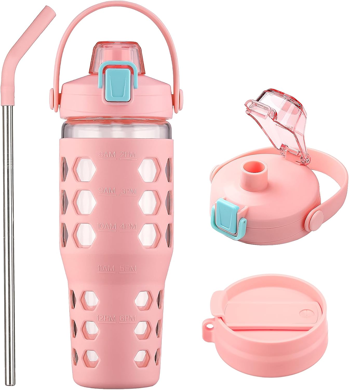 MUKOKO 32 oz Glass Tumbler with Straw,Glass Water Bottles with Time Marker,Iced Coffee Cup with 2 Lids-Handle Spout Lid&Straw Lid,Silicone Sleeve,Leakproof,1 Pack-Pink