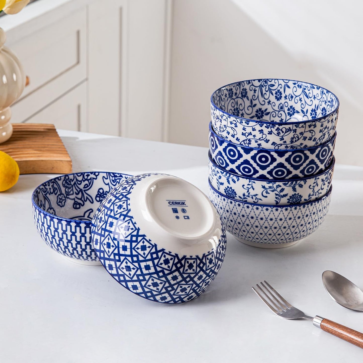 Ceramic Soup Bowls Set - 23 Oz Deep Cereal Bowl for kitchen - 6 Inch Porcelain Salad Bowl for Pasta, Dessert, Ramen - Microwave Dishwasher Safe - Set of 6 - Vintage Blue