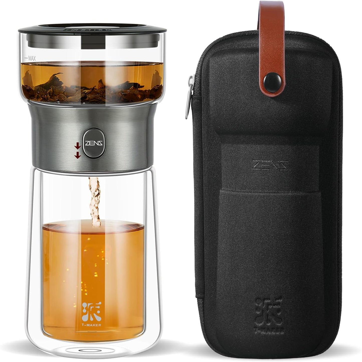 ZENS Modern Glass Tea Infuser Teapot, Smart One Touch Tea Maker for Loose Tea Diffusers with Insulated Mug and Portable Tea Kits, Cool Gongfu Tea Pot for Black Tea Lover Gifts
