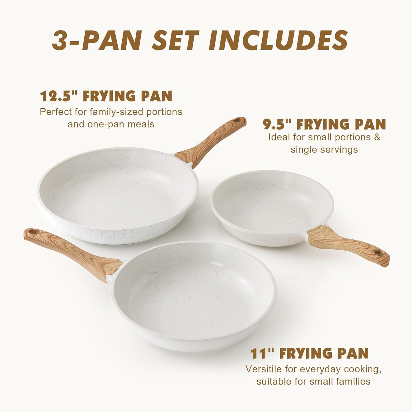SENSARTE Nonstick Frying Pan Skillets, White Ceramic Coating Omelette Pans, Healthy Cookware Chef's Pan, Free of PTFE & PFAS (9.5+11+12.5 Inch)