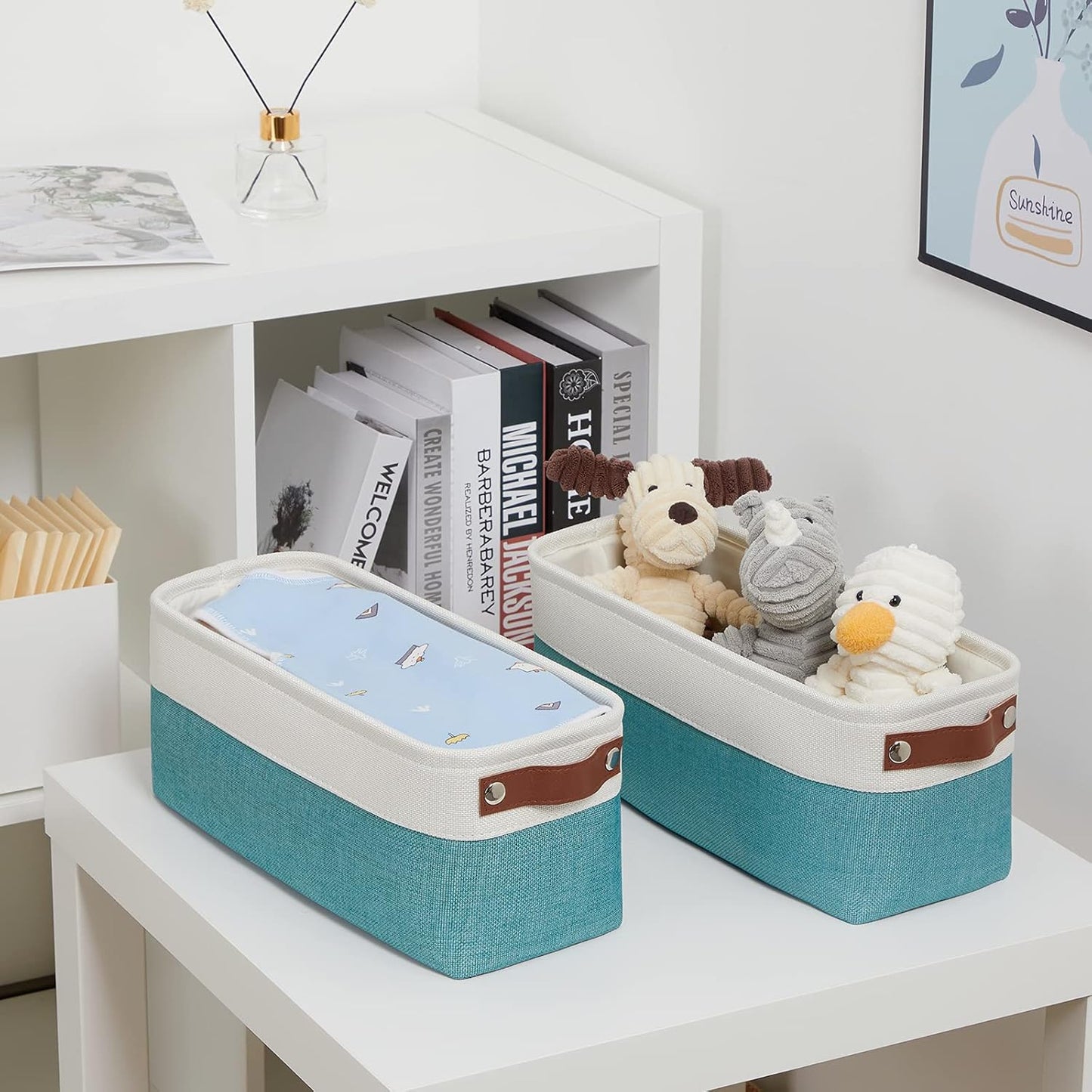 DULLEMELO Small Bathroom Closet Storage Baskets Canvas Fabric Storage Bins for Toilet 2 Pack Collapsible Home Organizer With Handles (White&Teal)