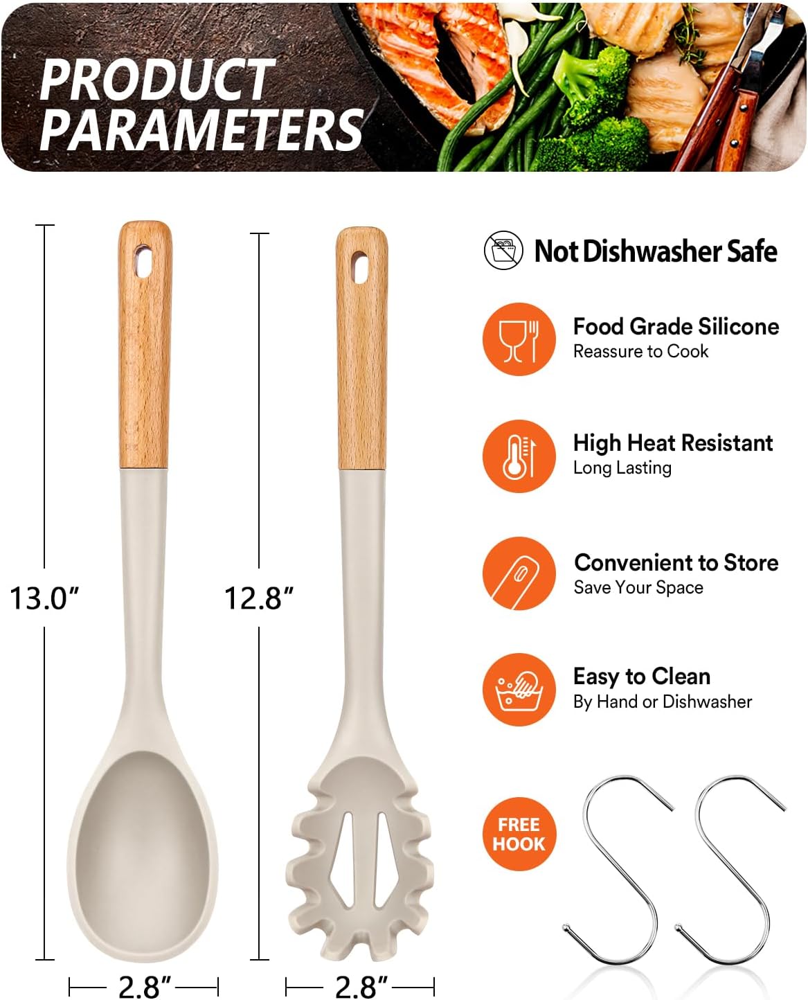 Silicone Pasta Fork And Cooking Spoon, Kitchen Heat Resistant Noodle Spoon Server, BPA Free Spaghetti Strainer,12.8 inch