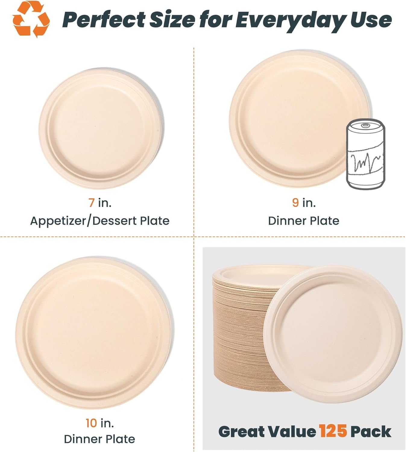 100% Compostable Plates - 125-Count Heavy Duty, Biodegradable Bagasse Plates - Eco Friendly and Sustainable (Natural, 10 inch)