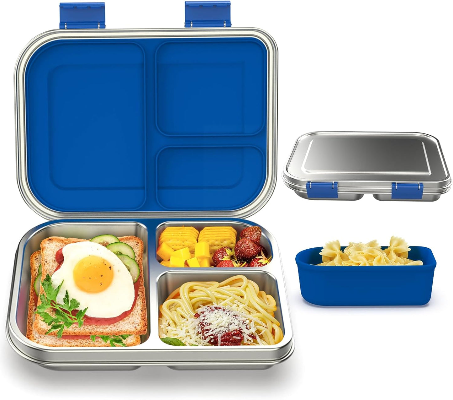 Stainless Steel Bento Box Kids, 3 Compartments Leak Proof Metal Bento Lunch Box, 304 Stainless Steel Bento Lunch Containers for School and Office,Dishwasher Safe, BPA-Free-Blue
