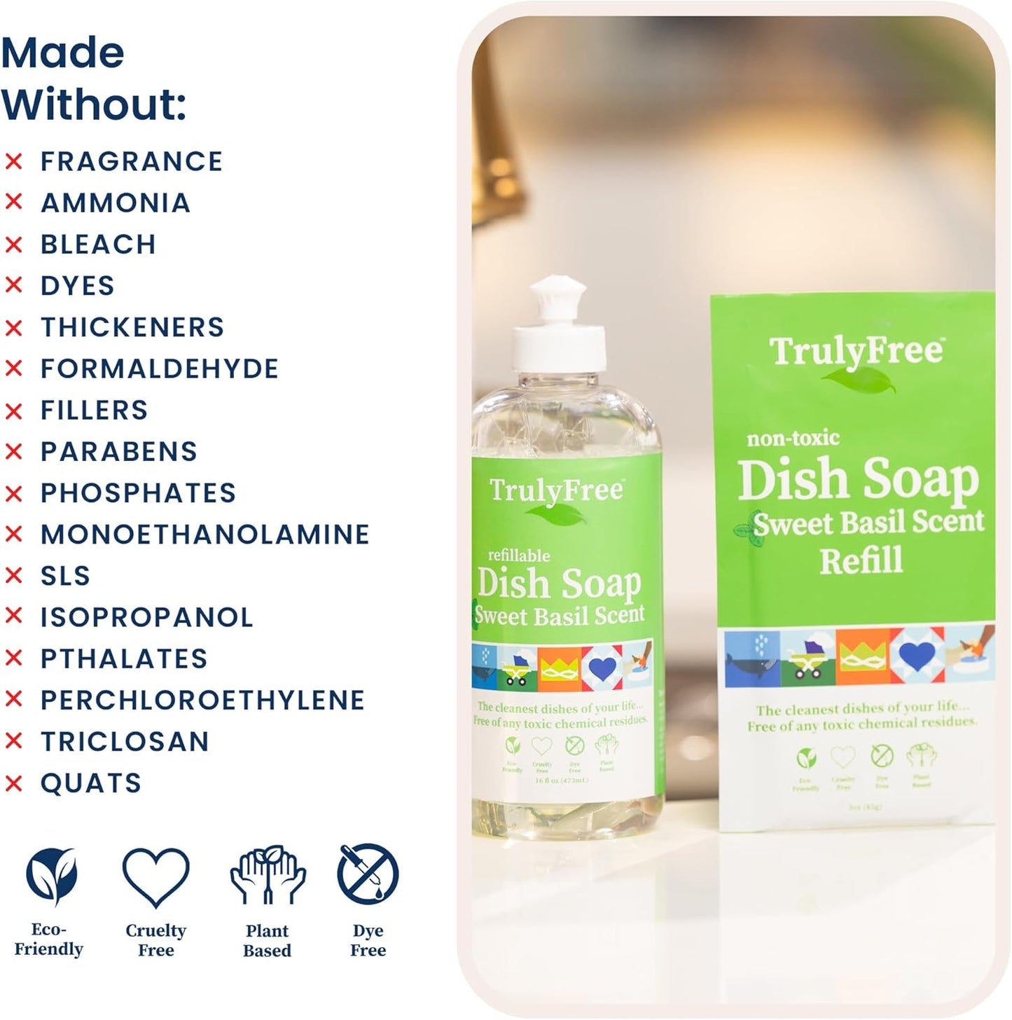 Natural Concentrated Dish Detergent Dishwashing Liquid | Plant-Based Dish Soap | Sweet Basil Fresh Scent | Pack of 3