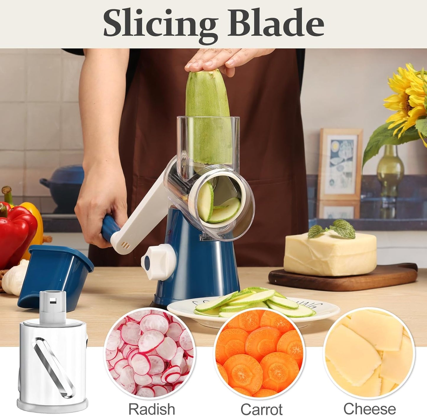Cambom Rotary Cheese Grater Hand Crank Cheese Shredder for Fresh Cheese, Vegetable, Nuts, Non-slip Suction Base,Five Blades, Deep Blue