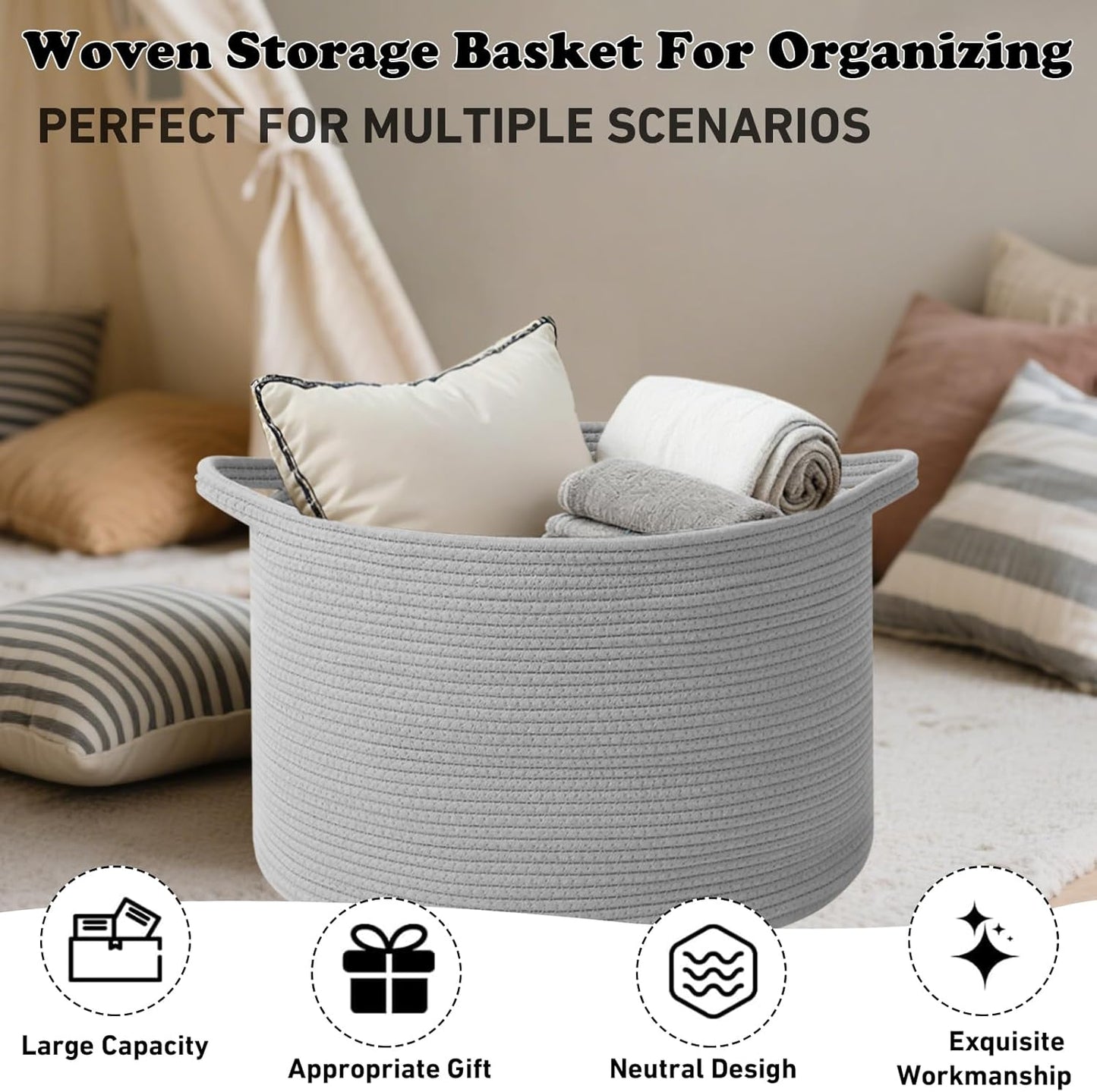 Large Blanket Basket for Organizing,65L Closet Organizers and Storage Bins Box for Shelves Woven Rope Storage Baskets,Living Room,Bedroom,Dorm,Laundry room (Light Grey)