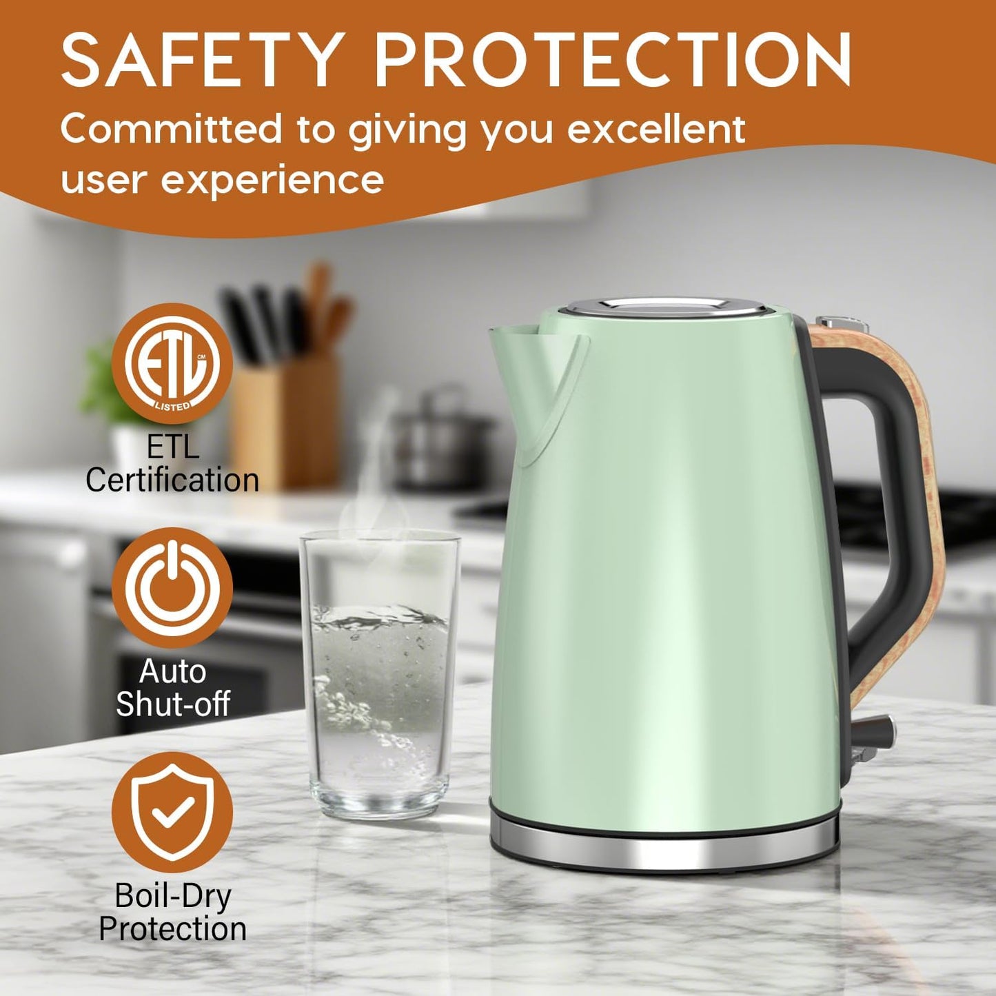 Electric Kettle for Boiling Water, 1.7L Visual Water Window Stainless Steel Electric Water Kettle, 1500W BPA-Free Hot Water Kettle Pot, Auto Shut Off & Boil-Dry Protection, Green