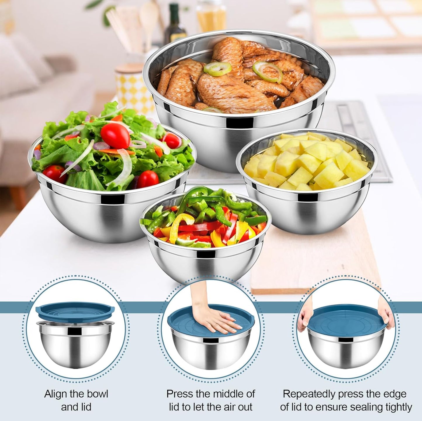 TeamFar Mixing Bowls with Lids Set, 6PCS Stainless Steel Metal Nesting Salad Bowl with 3 Grater Attachments, for Food Baking/Mixing/Serving/Storing, Dark Blue- 4.6/2.6/2 / 1.5/1 / 0.7 QT