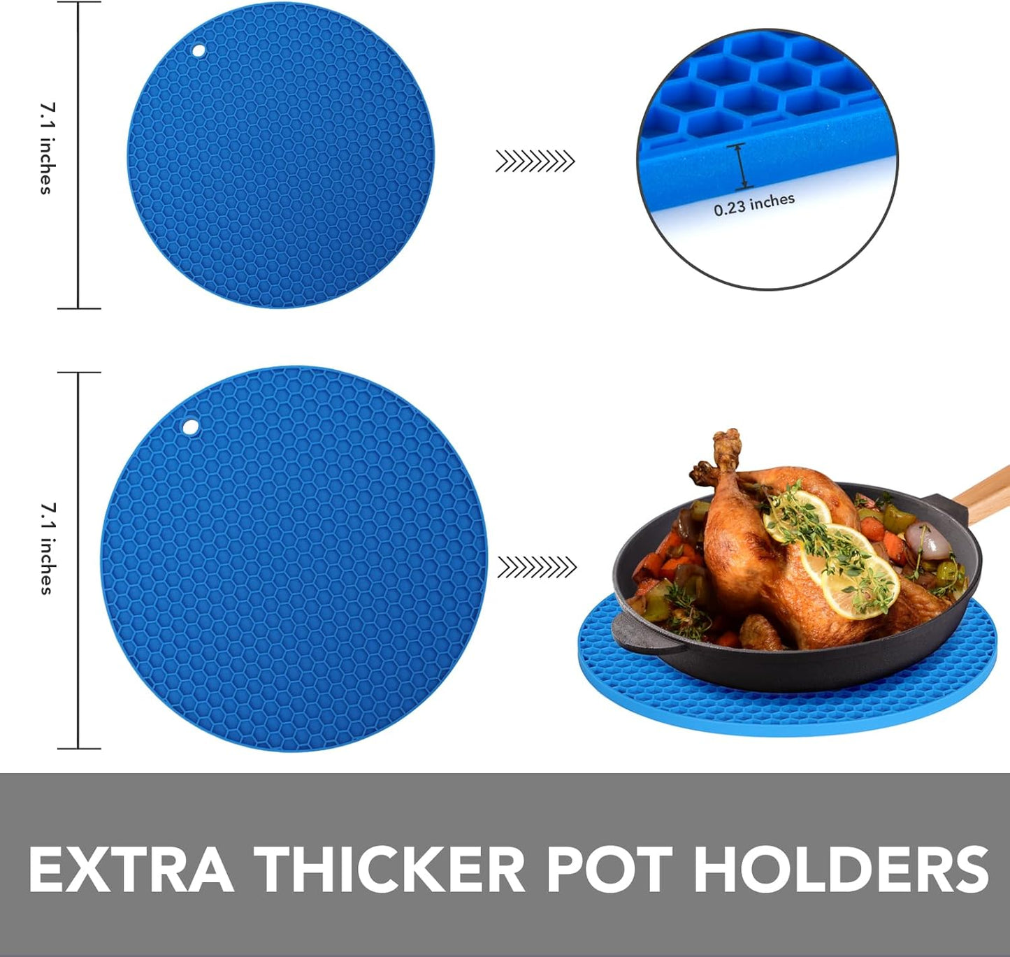 Joyhalo Trivets for Hot Dishes - Hot Pads for Kitchen, Silicone Pot Holders for Hot Pots and Pans, Silicone Mats for Kitchen Countertops, Table, Flexible Easy to Wash and Dry, True Blue
