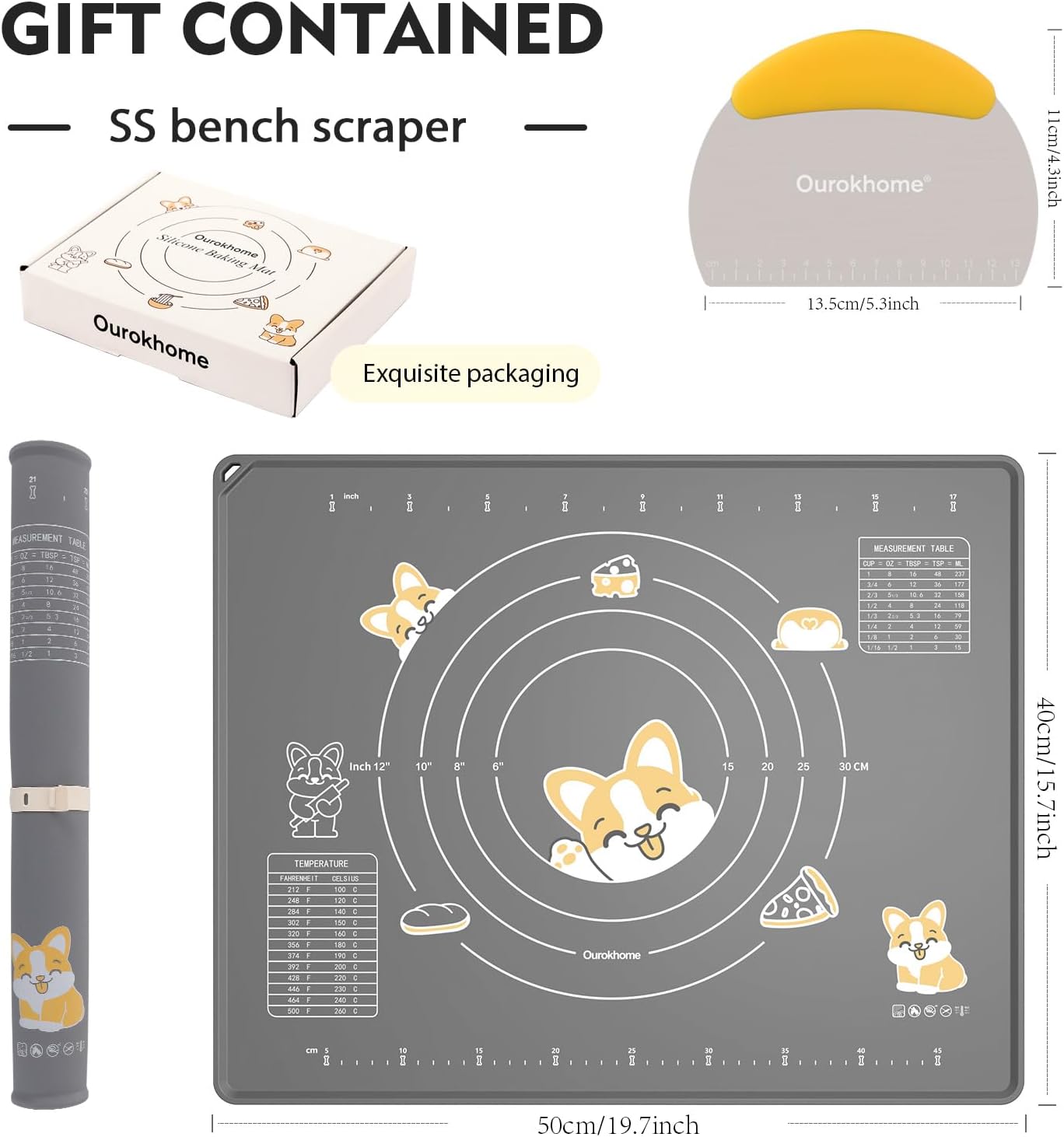 Ourokhome Silicone Baking Mat Sheet and Pastry Dough Cutter, 0.5 Inch Thick 20'' X 16" BPA free Silicone Rolling Mat, Non-Stick and Anti-Slip, Dishwasher Safe (Gray)