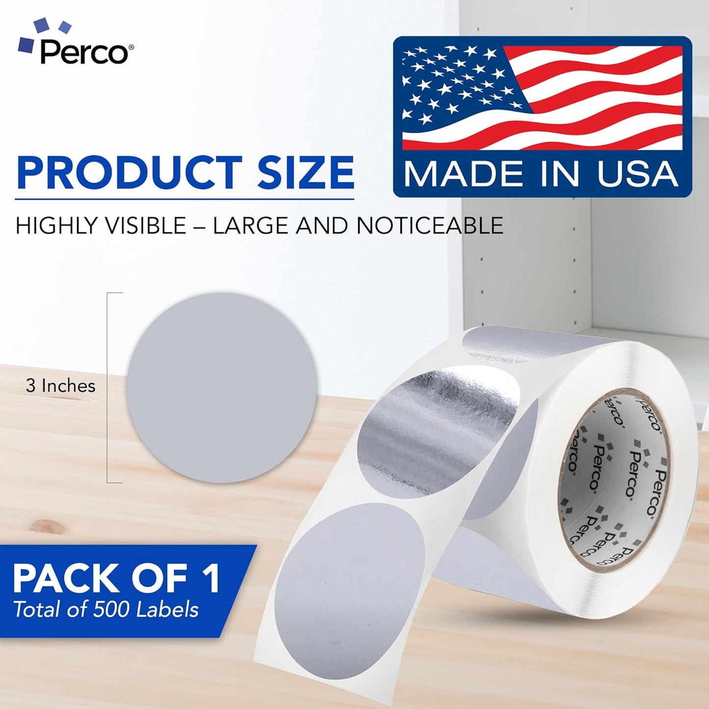 Perco Silver 3-Inch Round Circle Dot Sticker Labels with Permanent Adhesive for Wedding Invitations - 500 Labels per Roll - Vibrant Colors, Strong Adhesion - Made in USA