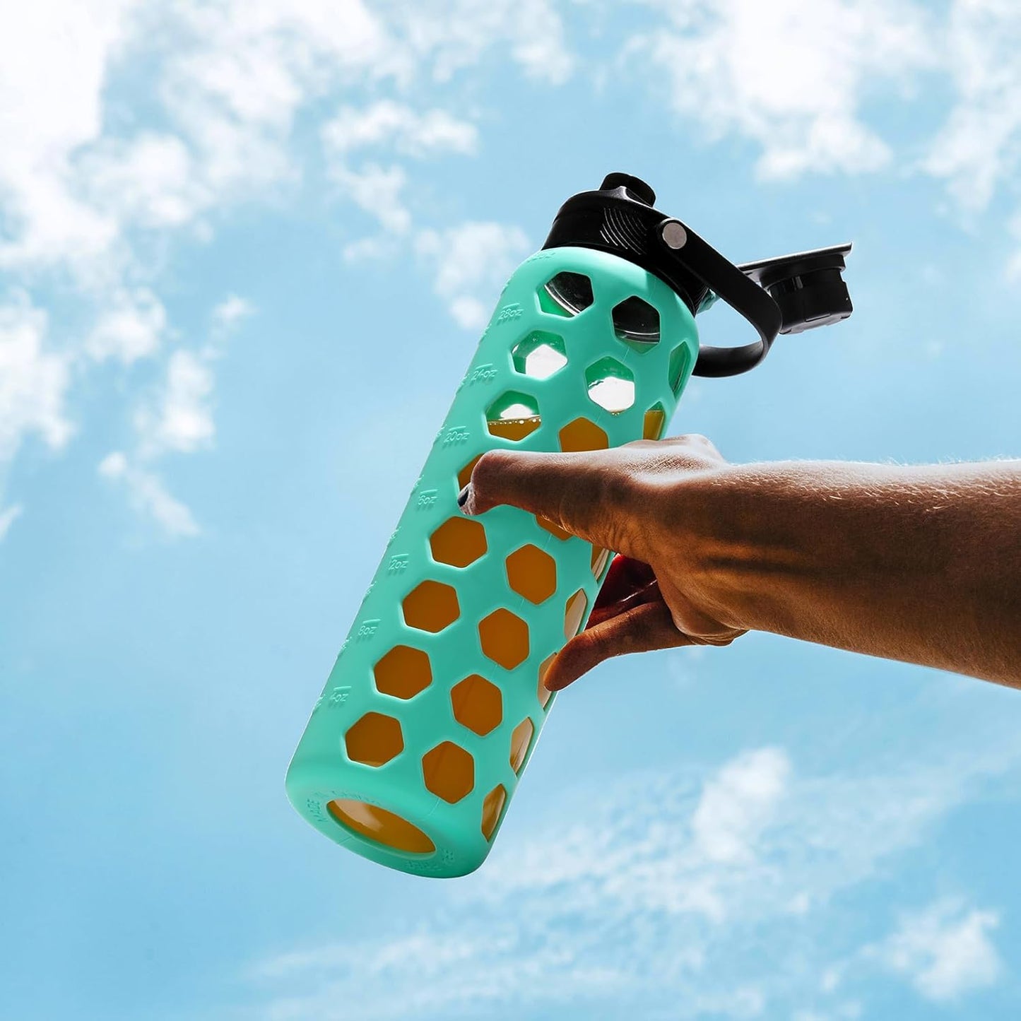 MUKOKO Glass Water Bottles, 32oz Glass Tumbler with Straw, Drinking Bottles with 2 Lids-Handle Spout Lid&Bamboo Straw Lid, Motivational Water Bottle with Time Marker and Silicone Sleeve, 1 Pack-Green