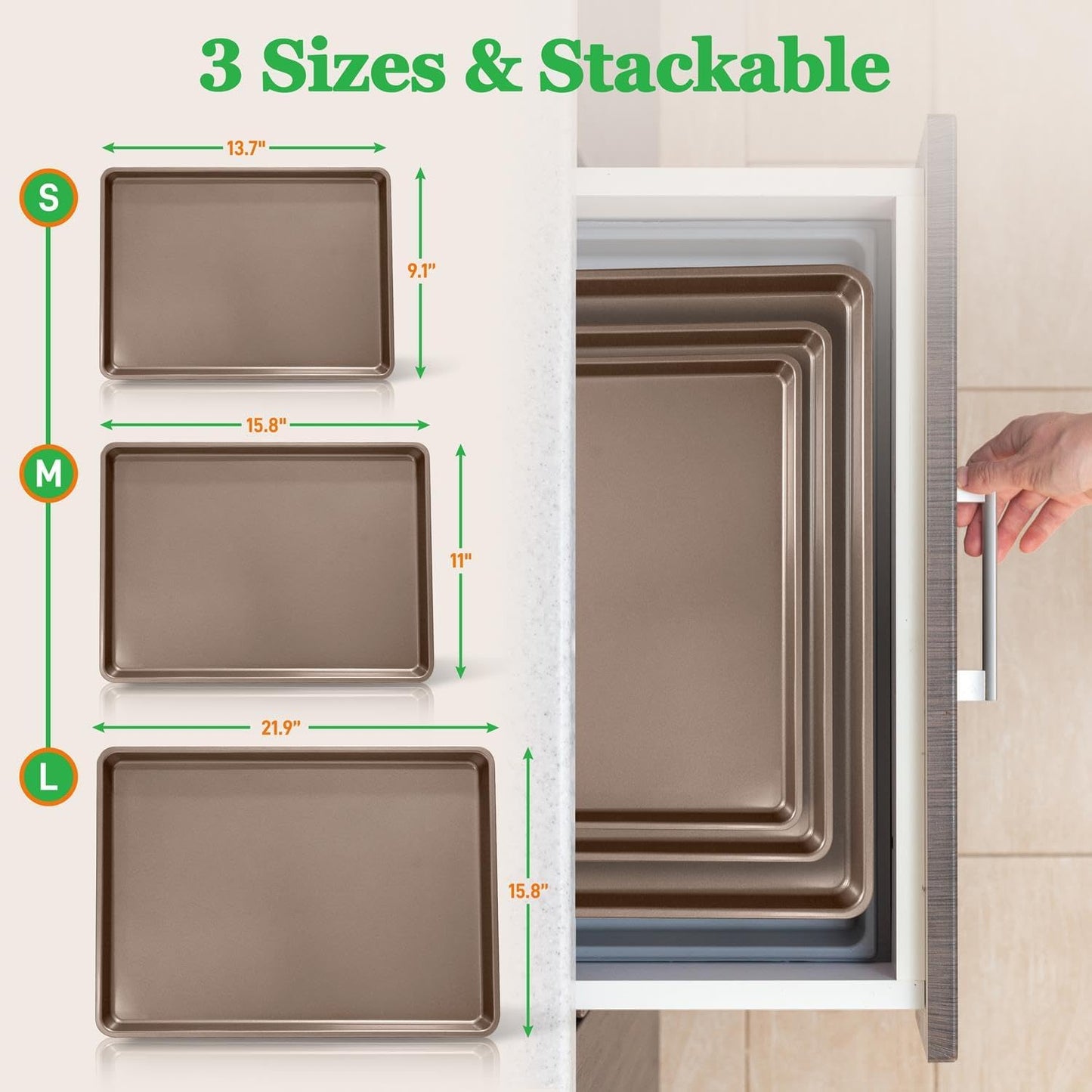 NutriChef 3-Piece Nonstick Baking Pans Set - Thick Carbon Steel Oven Bake Trays - Includes XL, Medium, & Small Sizes - Versatile Cookie Sheets for Baking & Roasting, Dishwasher Safe - Gold