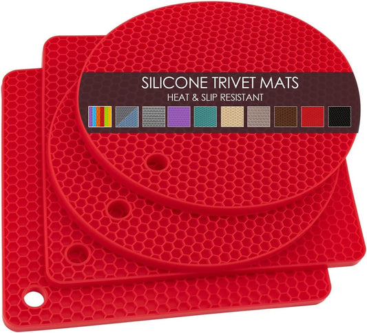 Silicone Trivets for Hot Pots and Pans, 4PCS Flexible Multipurpose Hot Pads Pot Holders, Heat Resistant Trivet Mats for Hot Dishes, Soft Non-Slip Silicone Mat for Kitchen Counter(Red)