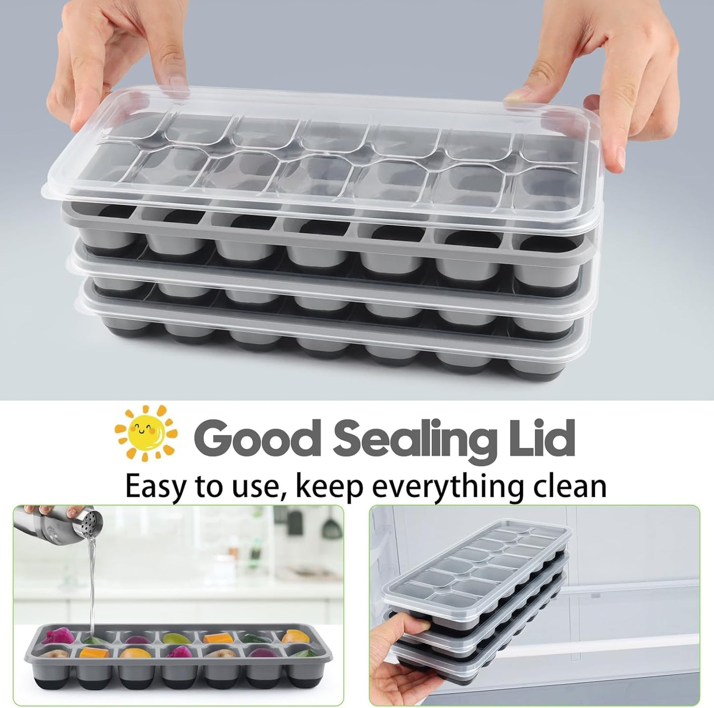 Silicone Ice Cube Tray, 8 Pack Easy-Release & Flexible 14-Ice Cube Trays with Spill-Resistant Removable Lid, Stackable Ice Trays with Covers for Freezer, Cocktail (4 Black+ 4 Grey)