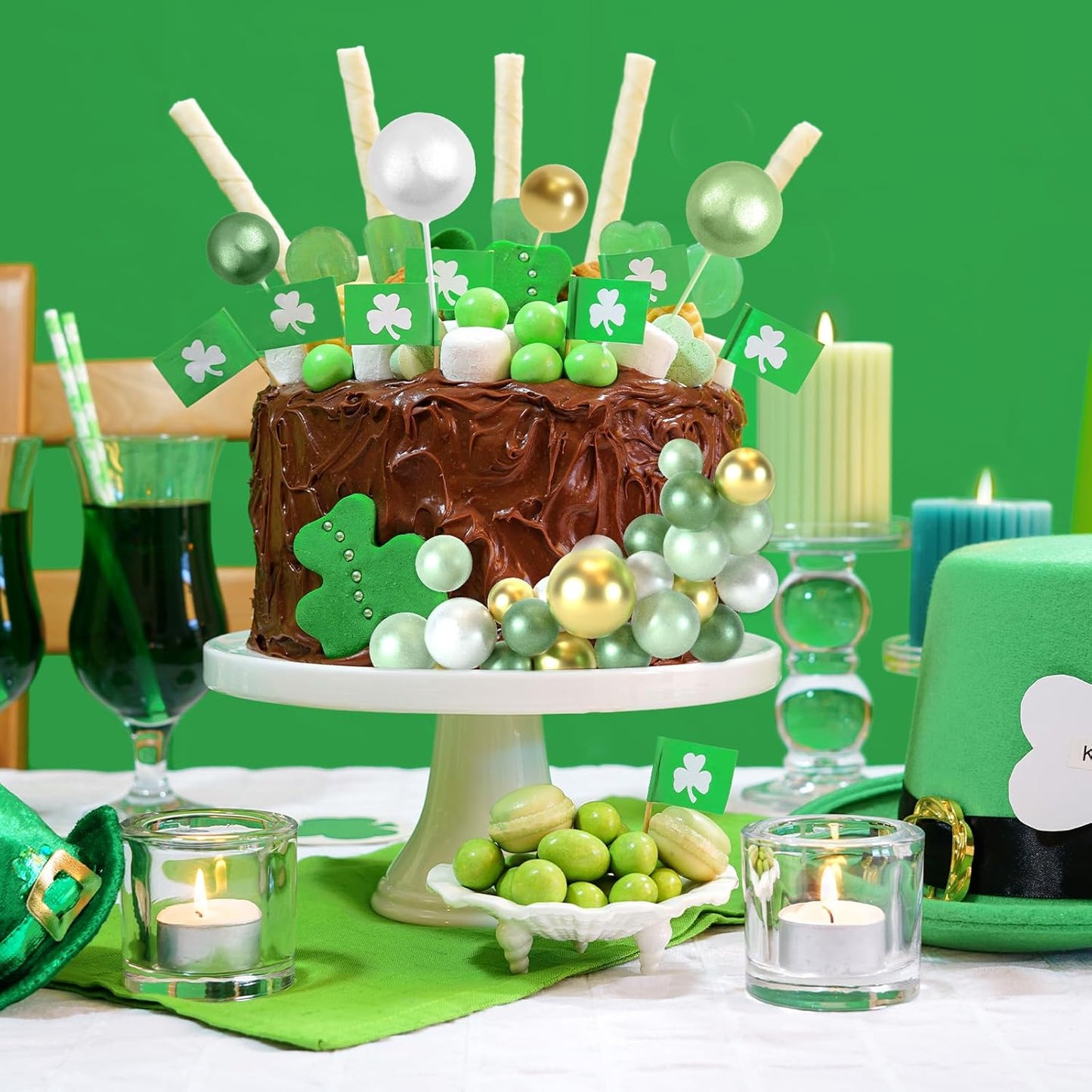 48 Pcs Balls Cake Topper Decorations Balloon Cupcake Toppers Foam Cake Topper Balls Cake Balls Decorations for Birthday Party Cake Decorating (Green, White, Gold)