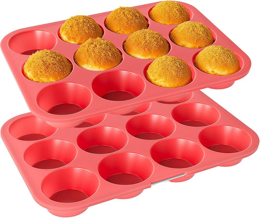 Bangp 12-Cup Silicone Muffin Pan with Metal Reinforced Frame,2 Pack Regular Size Cupcake Pan,Premium Non-Stick Bend Resistance Silicone Molds for Making Muffin,Cakes,Tart,Egg Bites (Red)