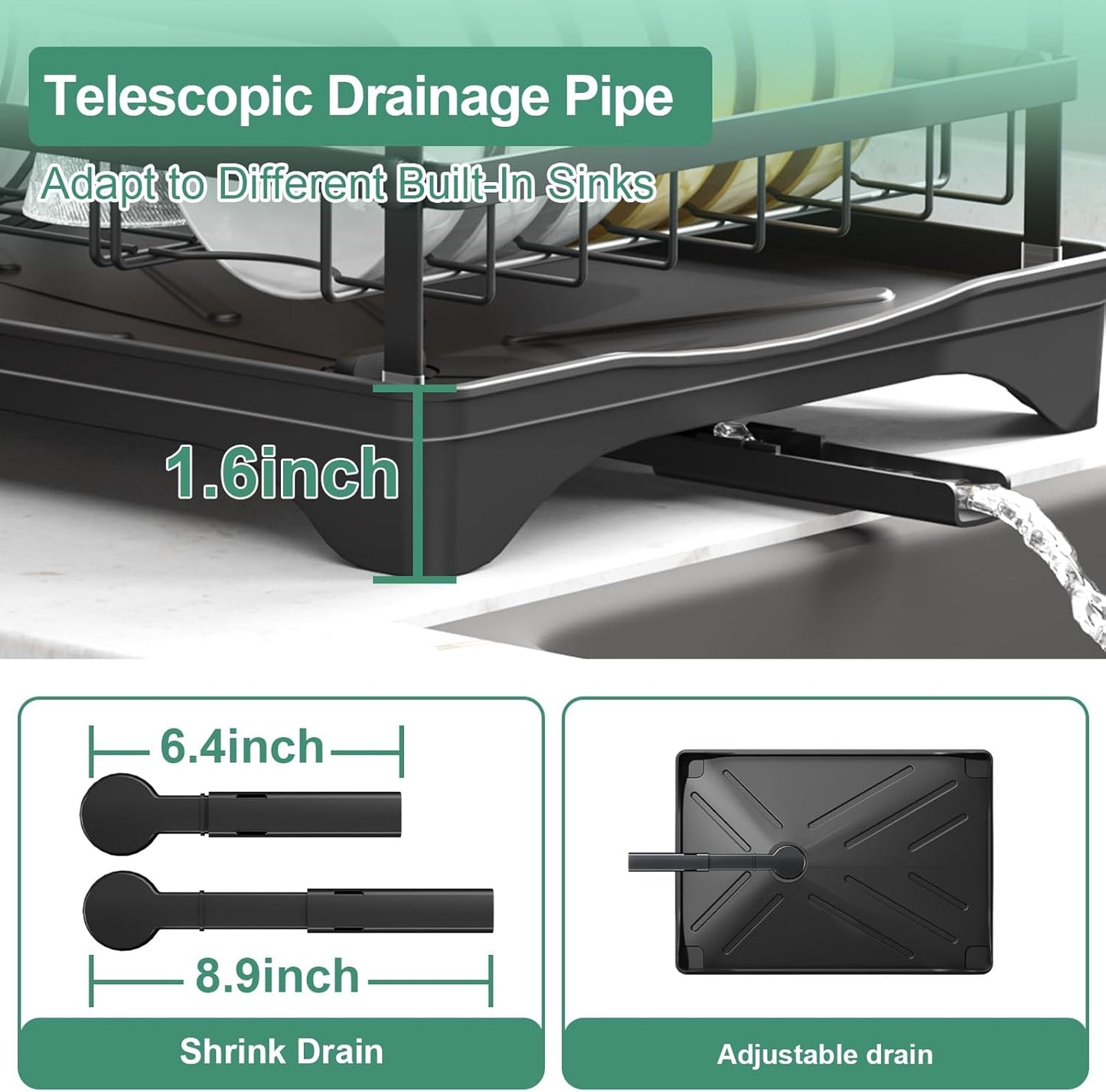 Dish Drying Rack for Kitchen Counter, Large Dish Drying Rack with Utensil Holder & Cutlery Tray, Dish Drainer with Drainboard, Black