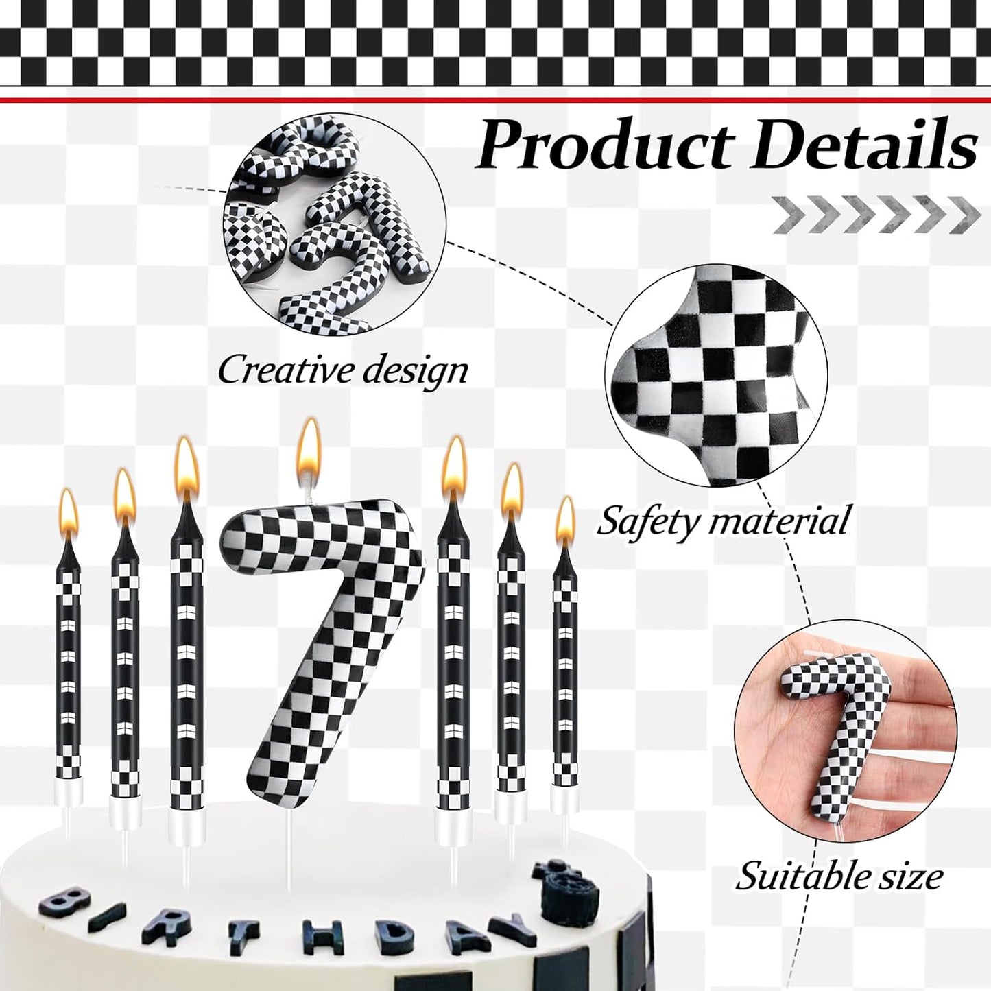 13 Pcs Racing Cars Themed Birthday Candles Black and White Race Number 7 Checkered Candle Cake Topper for Racing Car Party Decoration Supplies (Number 7)