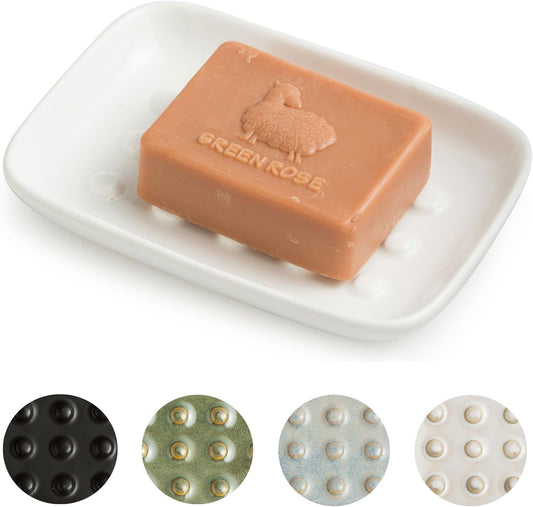 Soap Dish, Ceramic Soap Holder Shower Soap Dish for Bar Soap Sponge, Soap Saver Tray for Bathroom Kitchen Sink, White
