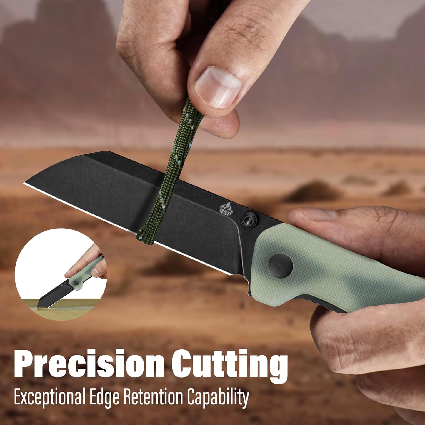 QSP Penguin V2 Folding Pocket Knife, 3.06" D2 Black Stonewash Blade EDC Knife, Jade G10 Handle, Liner Lock, Ceramic Ball Bearings, Reversible SS Deep Carry Clip