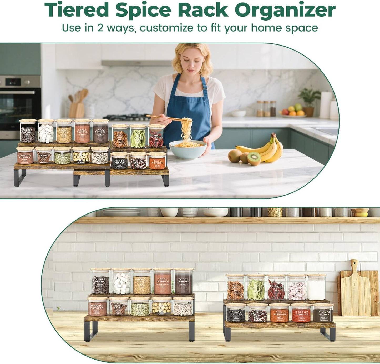 EsLuker.ly Spice Seasoning Rack Organizer Kitchen Countertop, Set of 2 Expandable Wood Spice Shelf Holder Storage, 2 Tier Freestanding Stand for Pantry, Quick Access(Jars Not Included)