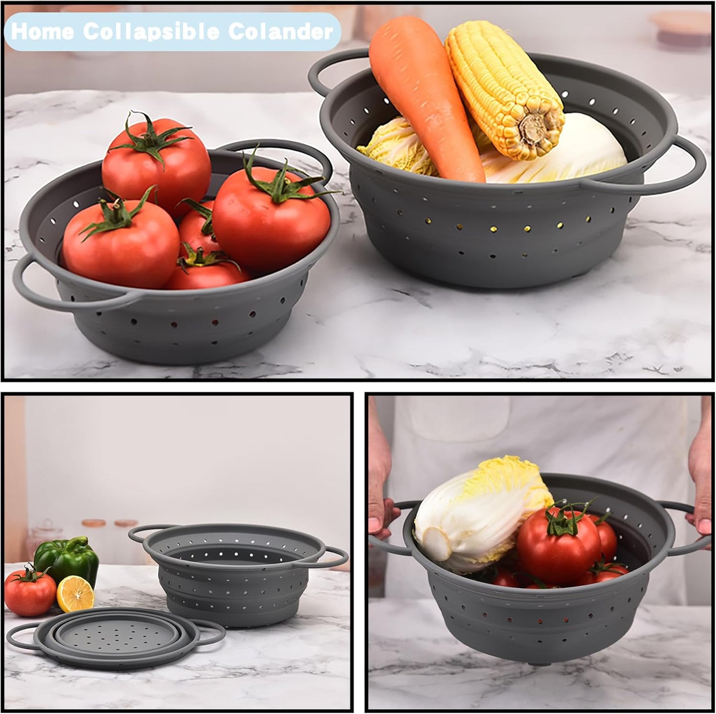 Silicone Collapsible Colander with Handle, Kitchen Colander for Easy Storage,Four-side Fast Draining Silicone Draining Basket, Perfect for Fruits Vegetables (Gray L+M)