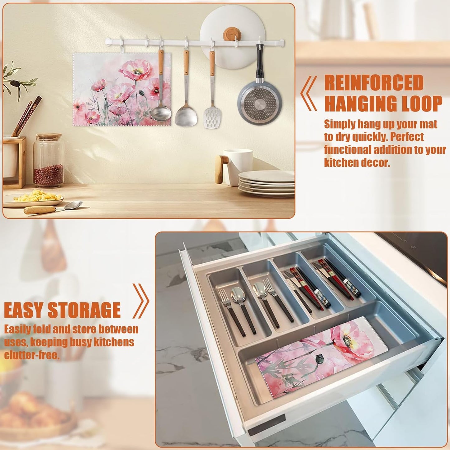 Pink Poppy Flower Dish Drying Mat for Kitchen Counter Microfiber Absorbent Dish Kitchen Drying Mat Draining Reusable Washable for Dishes/Utensils/Counterto