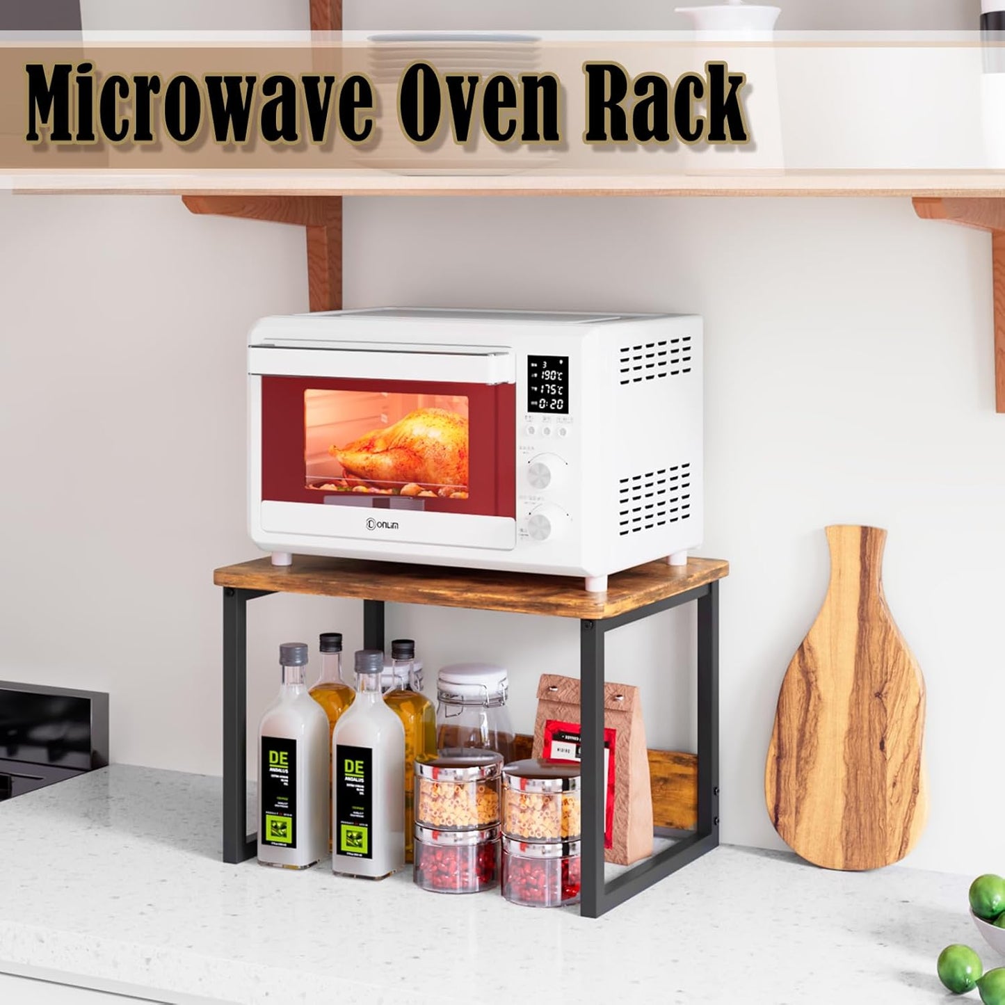 MARTY Kitchen Countertop Organizer Cabinet Shelf, 17x12.4 Large Spice Racks Counter Shelf Microwave Oven Rack Desktop Storage Organization for Kitchen, Office, Metal & Wood, Rustic Brown