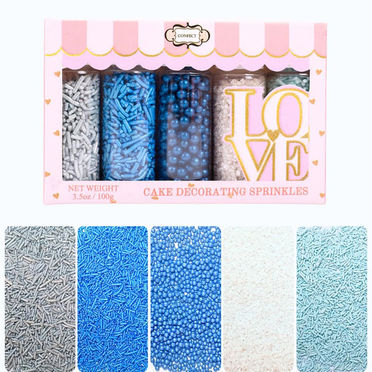 Confect Blue Sprinkles Mix – 5 Shades of Blue with Navy Dragees, Silver, Baby Blue Jimmies & White Sparkling Sugar | Edible Sprinkles for Cakes, Cupcakes & Baking | Vegan, Gluten-Free, Nut-Free, Soy-Free, Dairy-Free, Palm Oil-Free- 5 Oz
