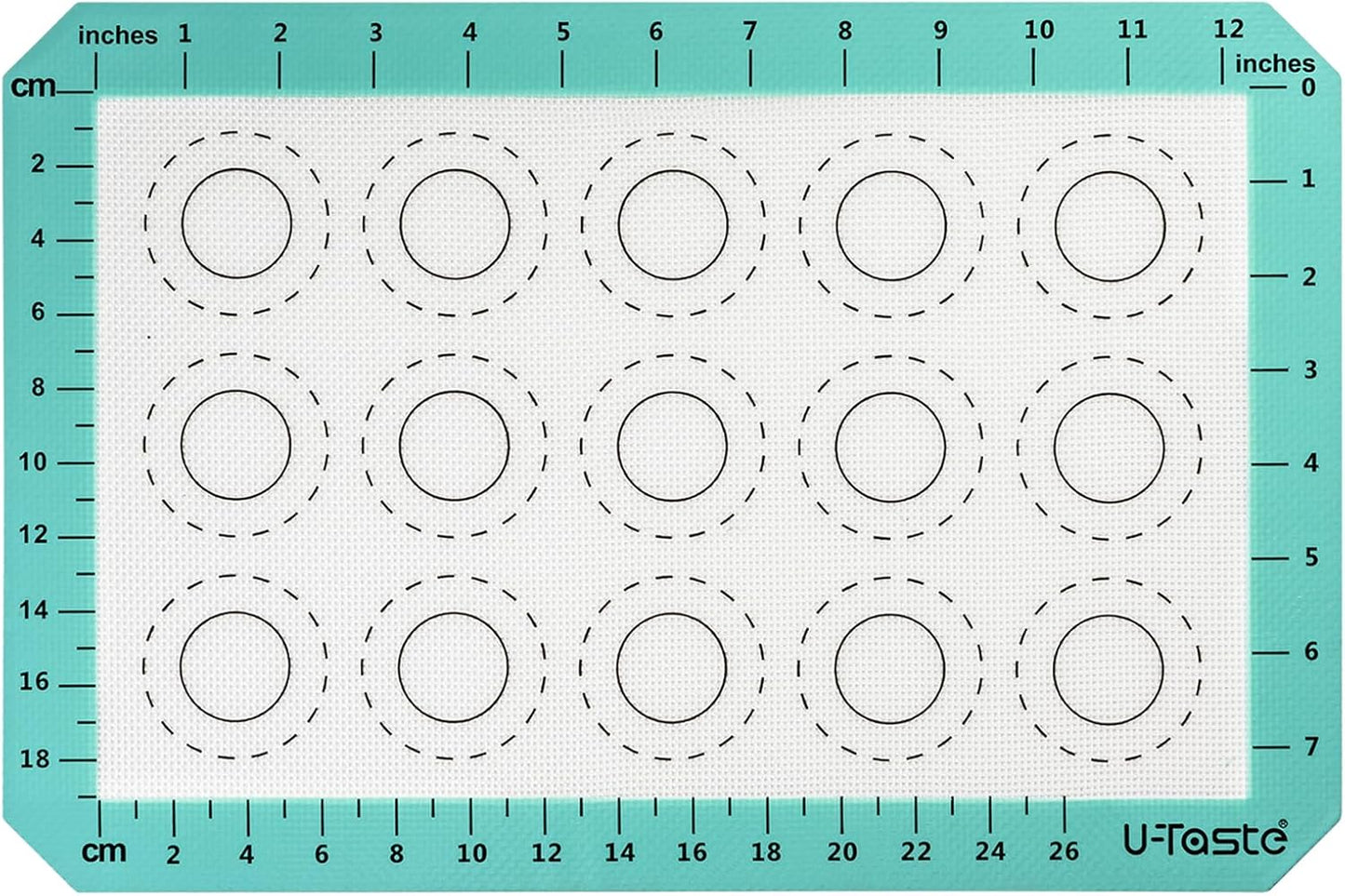 446ºF Heat Resistant Macaron Mat: U-Taste 14.17x9.44in Non Stick Silicone Baking Mat, Reusable Cookies Pastry Sheet Liner with Edge Enhancement & Circle Measurement for Cake Pan (Aqua Sky)