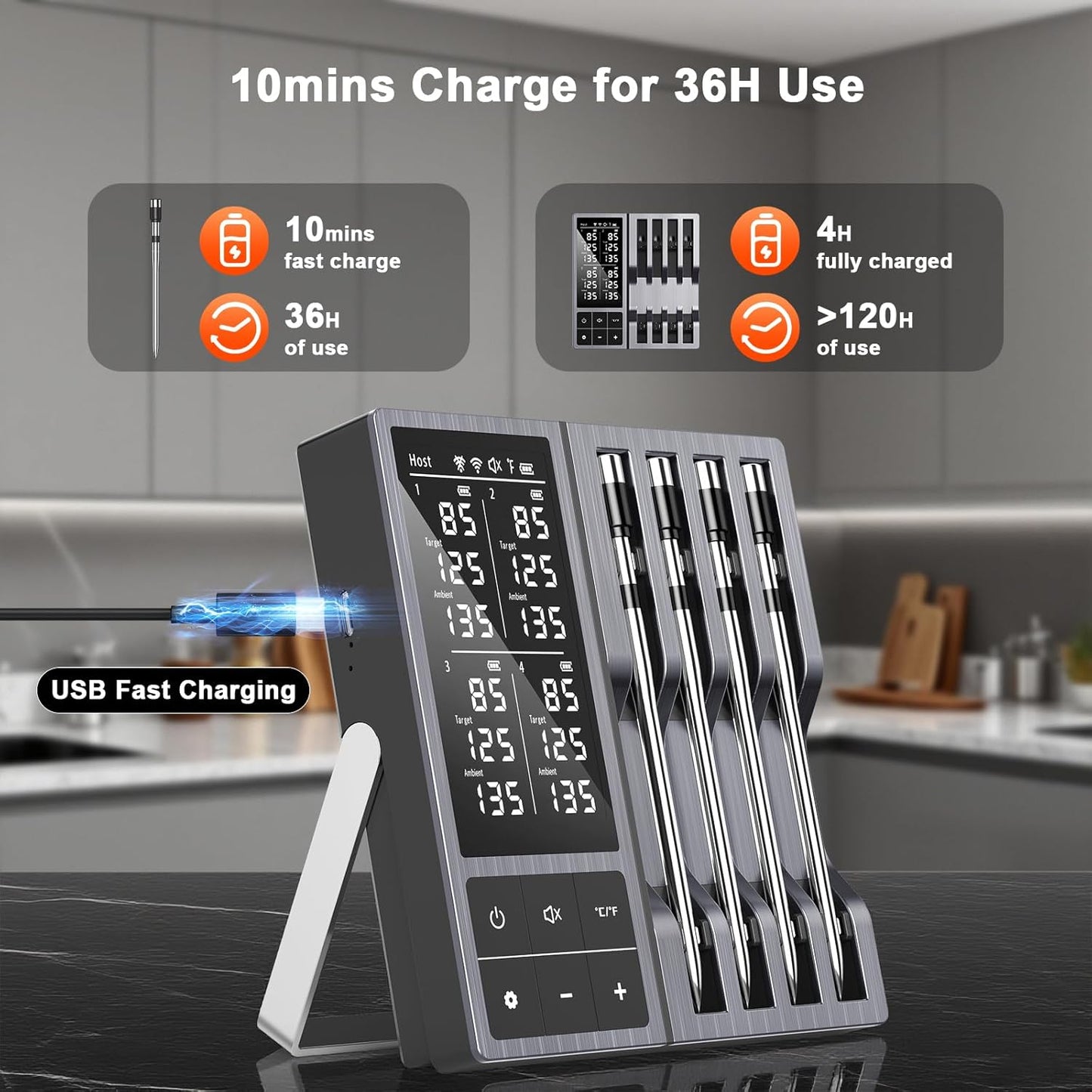 Wireless Meat Thermometer with Smart Timer & APP Alerts, 800ft Bluetooth Grill Food Thermometer, 4 X 0.19In Ultra Thin Probes, ±0.5℉ Accuracy, Big Digital Backlit Screen, for BBQ, Oven, Smoker