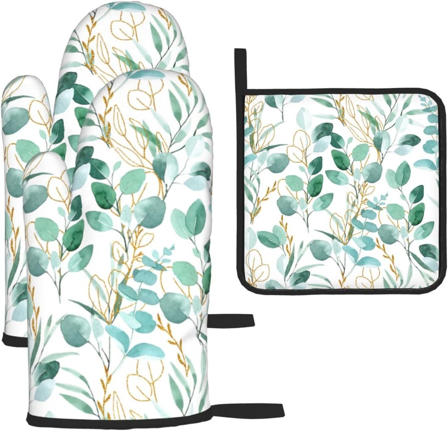 Sage Green Leaves Oven Mitts and Pot Holders Sets Heat Resistant for Kitchen BBQ Microwave Baking Grilling Cooking Set of 3 Cute Botanical Kitchen Oven Glove