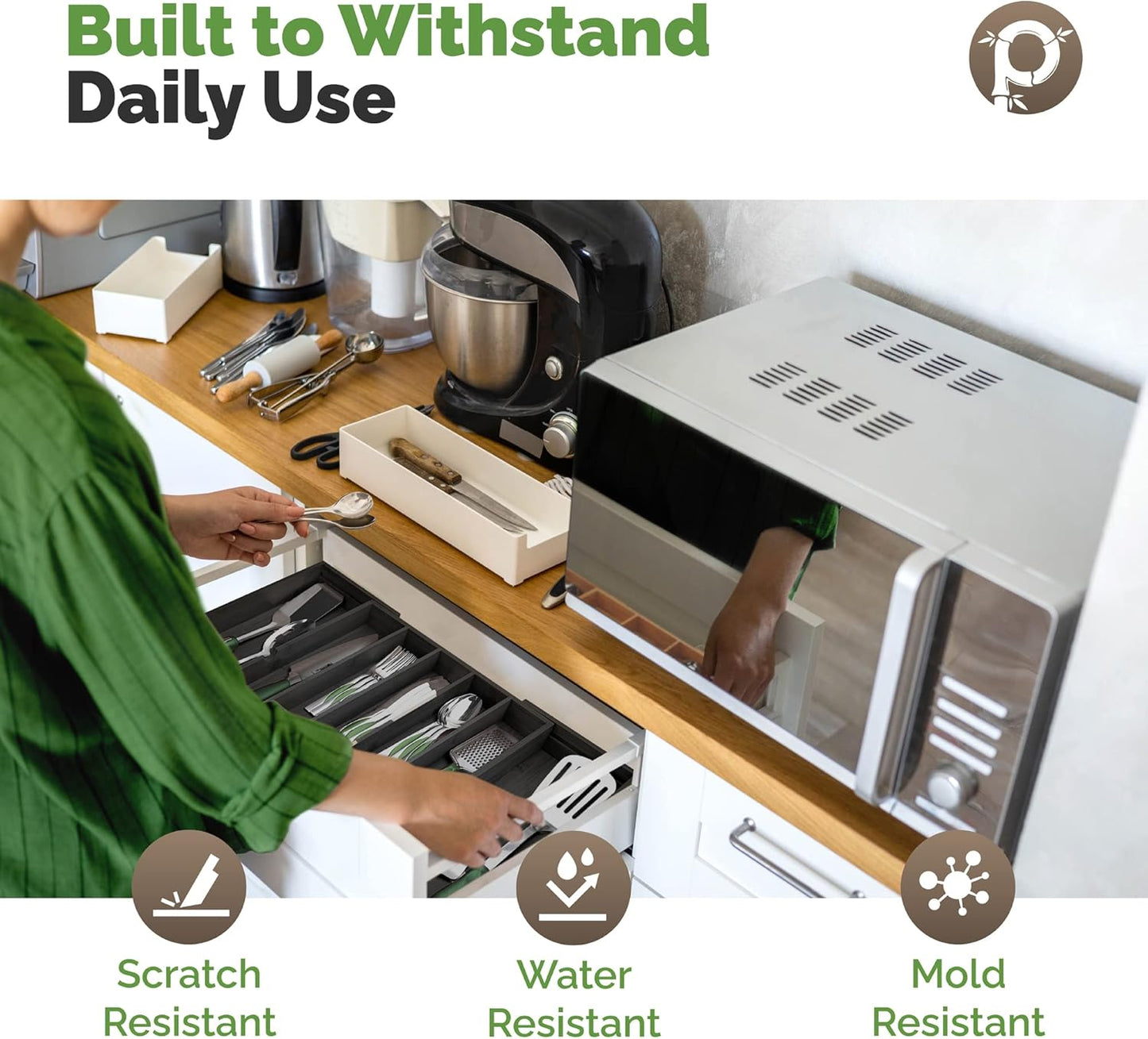 Silverware Organizer - Expandable Kitchen Drawer Organizer - Adjustable Kitchen Drawer Organizer for Utensils, Expandable to 25 Inches Wide, 10 Slots - Black