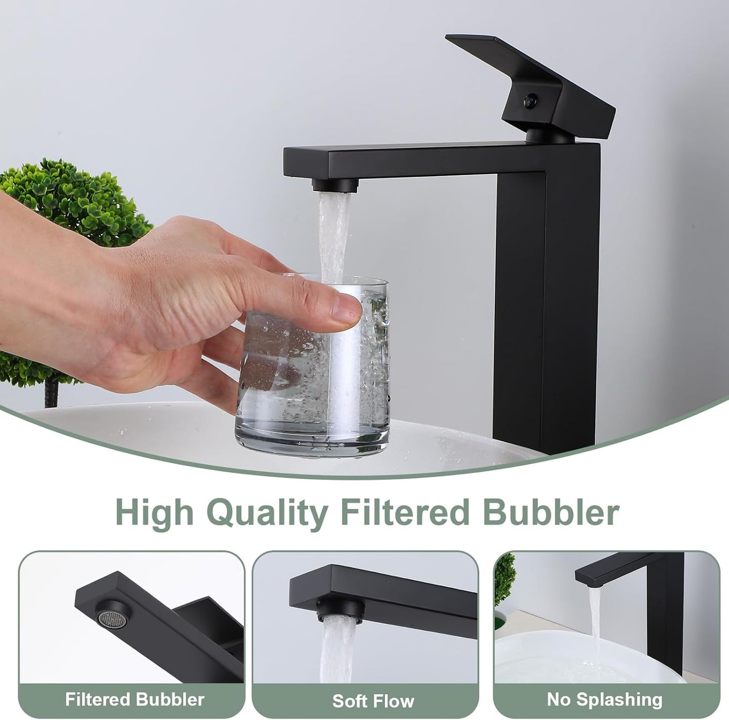 Matte Black Bathroom Faucet Single Handle 1 Hole Tall Bathroom Vessel Sink Faucet, 304 Stainless Steel Modern Vanity Faucet Basin Mixer Tap with Water Supply Hose and Pop Up Sink Drain