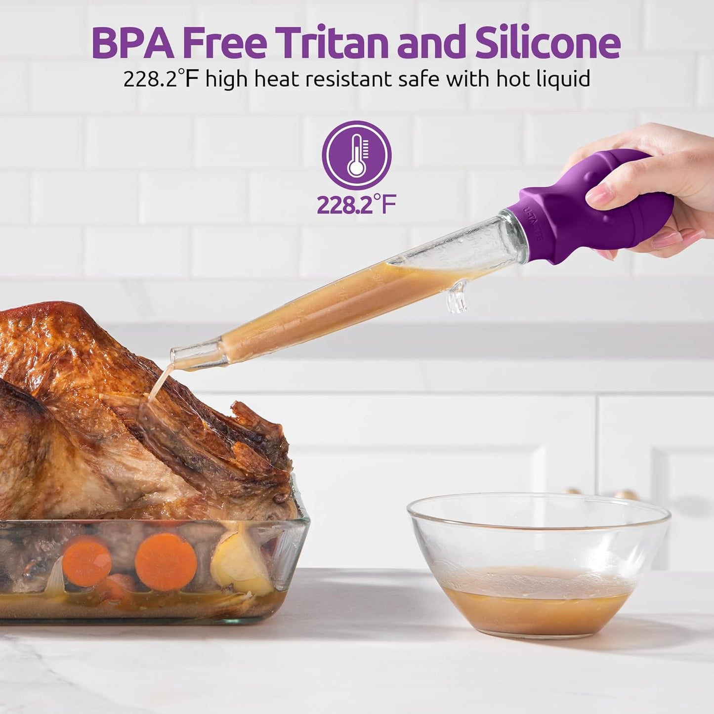 U-Taste 1.5oz Angled Turkey Baster - 228.2ºF Heat Resistant Food Grade Tritan and Silicone Large Octopus Bulb Baster Set with Cleaning Brush for Cooking Basting Meat Poultry Beef Chicken (Purple)