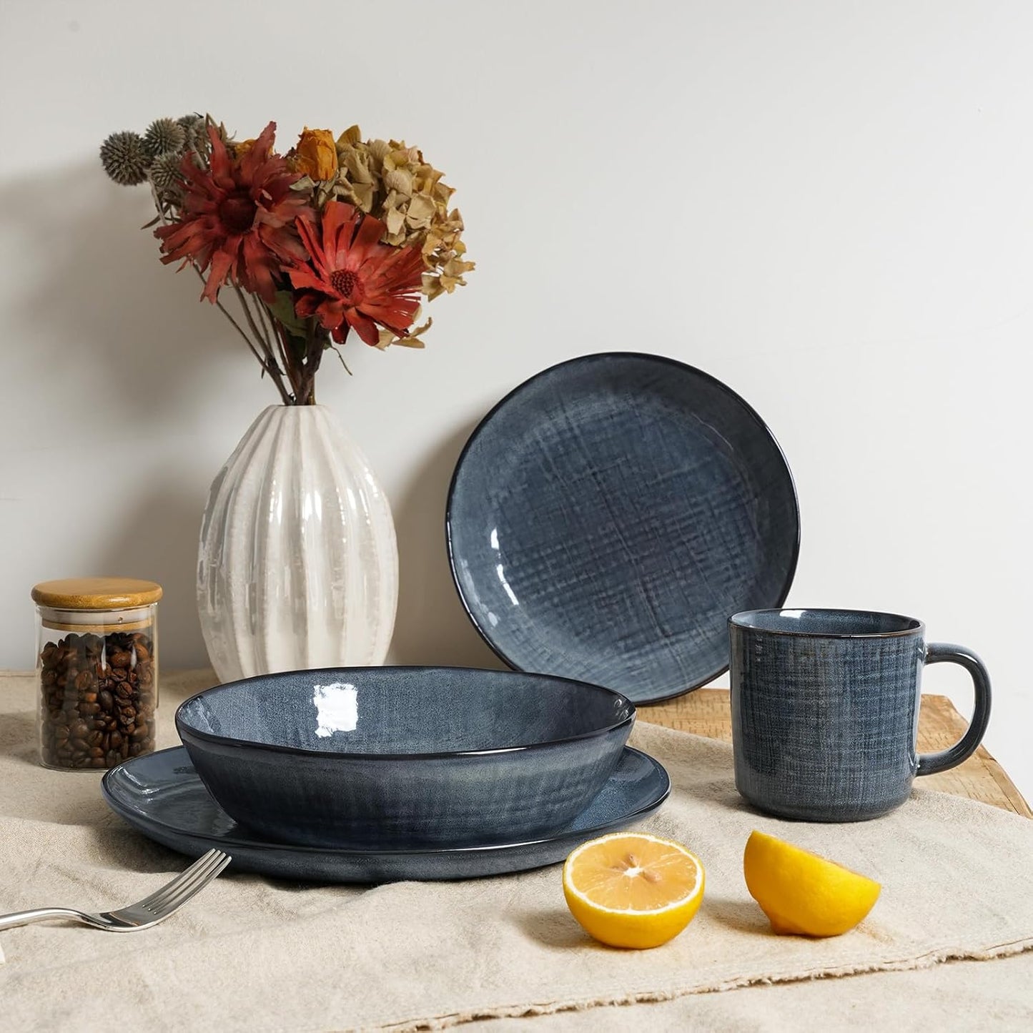 famiware Moonlight 8.5 Inch Pasta Bowls Set of 4, 32oz Serving Bowls for Kitchen, Soup Bowl with Linen Finish, Large Stoneware Bowls for Festivals, Housewarming, Dinnerware, Dark Blue