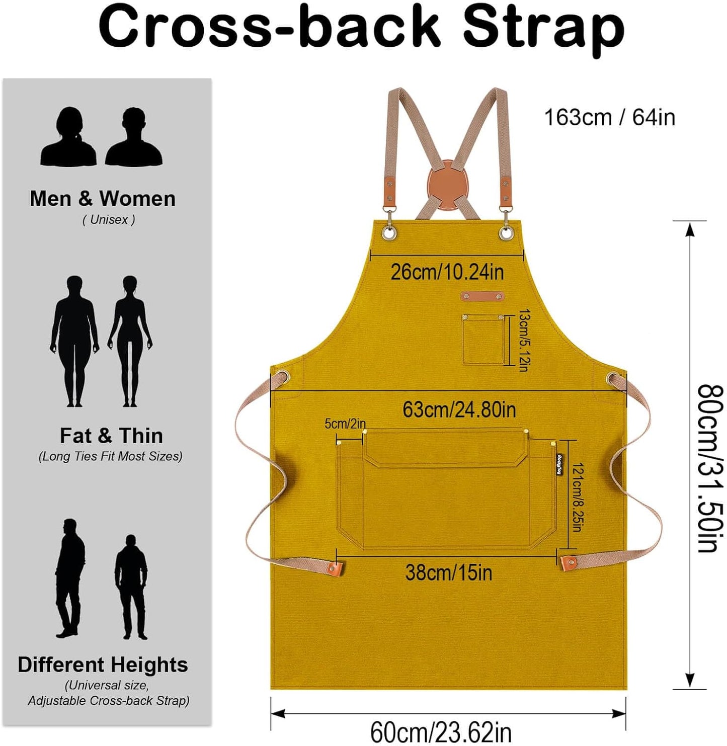 Chef Apron for Men Women with Gift Box Pack, Cross Back Apron with Pockets for Kitchen Cooking Baking Artist Painting, Cotton Canvas Work Aprons for Shop, Garden, Restaurant, Cafe (Yellow, M to XXL)