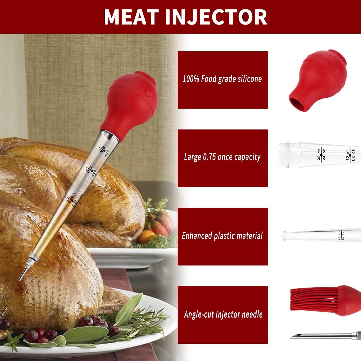 JY COOKMENT Turkey Baster with Barbecue Basting Brush, Baster Syringe for Home Baking and Roaster Turkey, Include Detachable Food Grade Silicone Bulb, Meat Injector Needle and Cleaning Brush