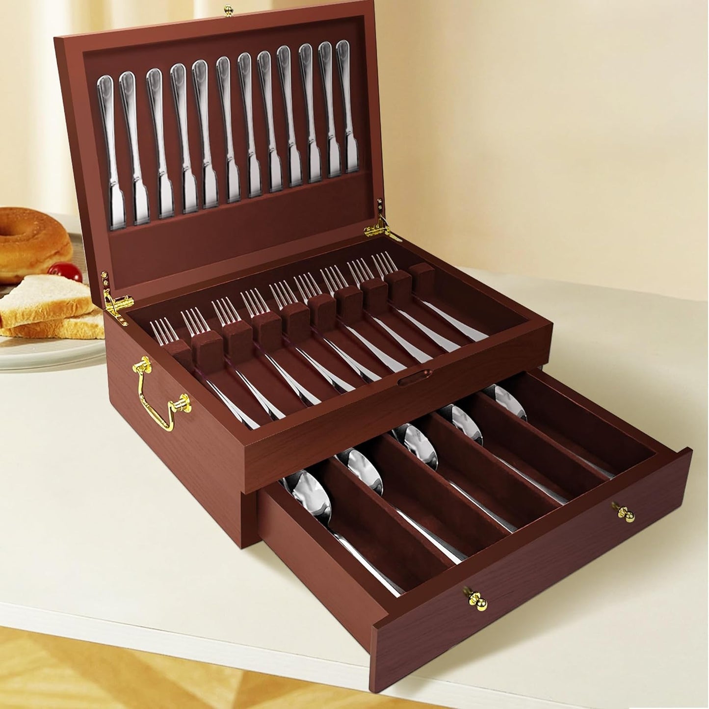 Silverware Storage Box Solid Wood with Lid, 2 Layer Silverware Storage Chest, 15.5'' ×11.5'' Silverware Organizer with Handle and Felt Lined, Chest for Flatware Setting Up 30