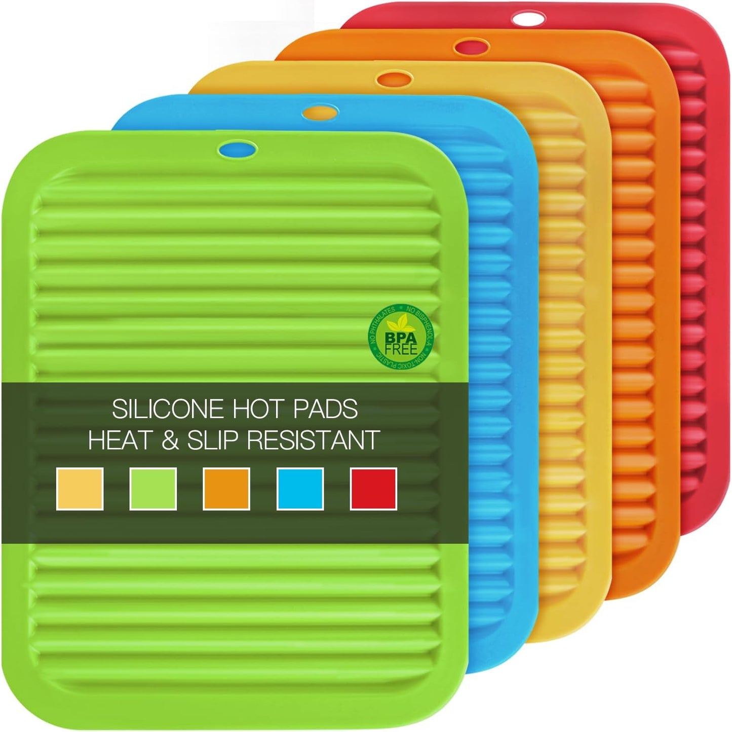 5 Pack Silicone Trivets for Hot Pots and Pans, 9 * 12Inch SiliconeTrivet for HotDishes, Colorful Heat Resistant Silicone Mat, Non-Slip Hot Pads Pot Holders for Kitchen Counter Hot Plate Mat