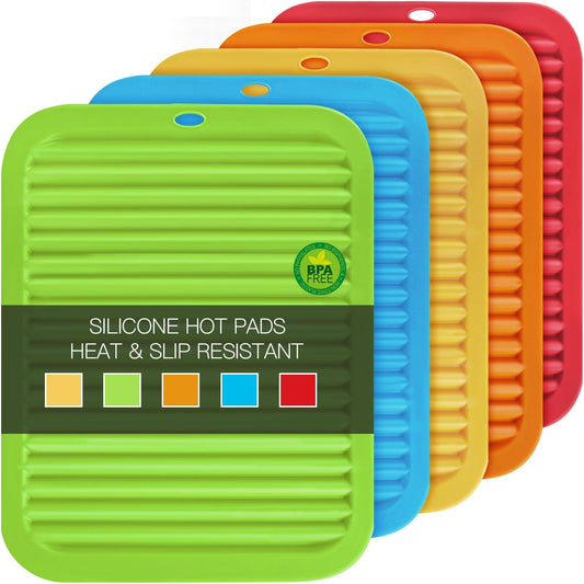 5 Pack Silicone Trivets for Hot Pots and Pans, 9 * 12Inch SiliconeTrivet for HotDishes, Colorful Heat Resistant Silicone Mat, Non-Slip Hot Pads Pot Holders for Kitchen Counter Hot Plate Mat