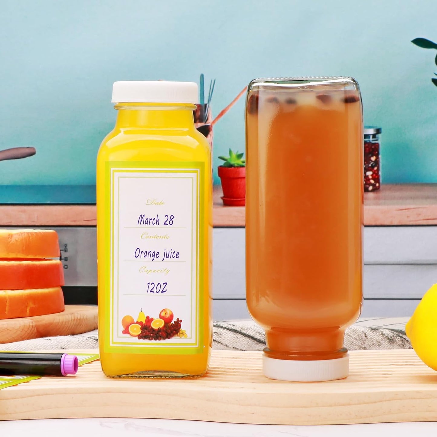 Brajttt Glass Juice Bottles with Lids, 12 OZ Juicing Bottles Reusable Glass, Set of 12 Square Beverage Containers Drinking Jars for Milk,Juice,Tea,Milkshake, Water,Honey,Jam